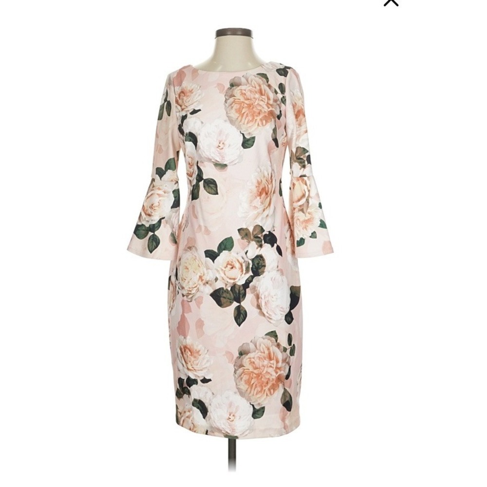 Calvin Klein Women Sheath Mini Dress Sz 10 Floral 3/4 Bell Sleeve Crew Neck Boho